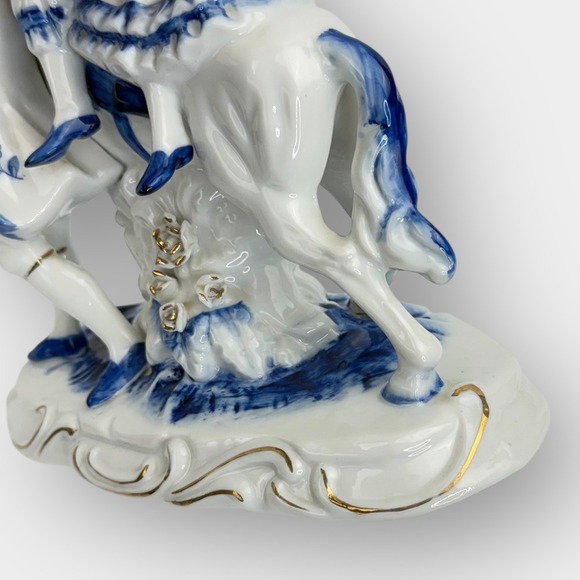 Vintage Porcelain Horse Rider & Handler Figurine Blue White Gold Trim 9 Inch - Picture 16 of 16